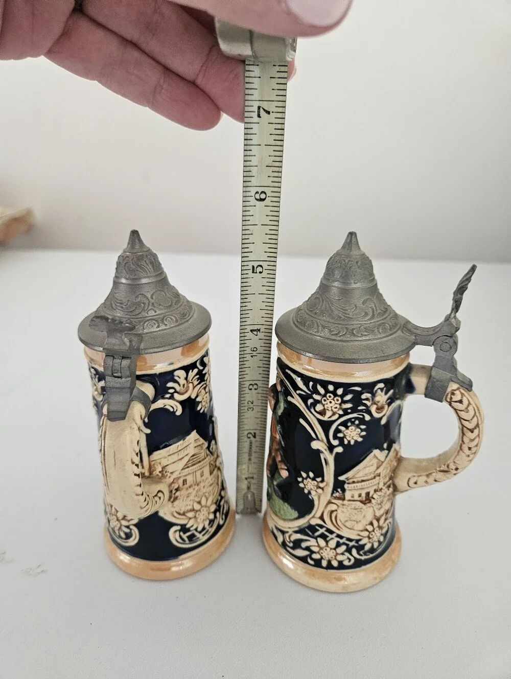 German Stoneware Bavarian Folk Cobalt Blue Steins Pewter Lids x 2 | SZ 5
